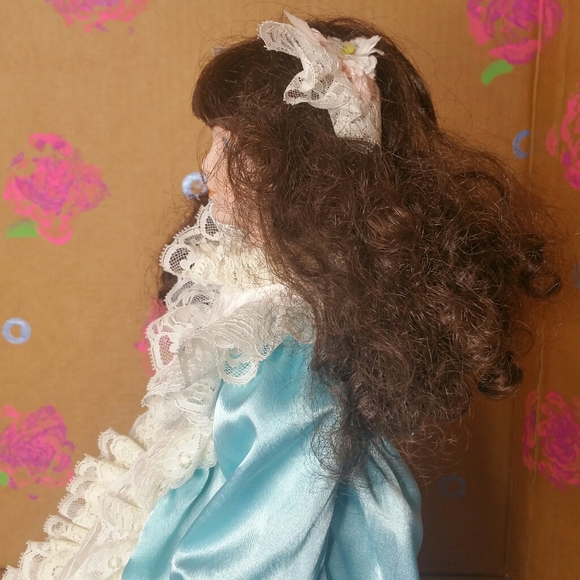 Porcelain Brunette Victorian Doll with Stand - Picture 6 of 11